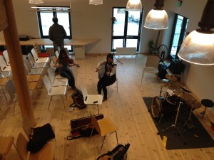 The lasses rehearsing at the venue for our first gig of the tour. Clarky admiring the beautiful view from the window! Sand, Suldal.